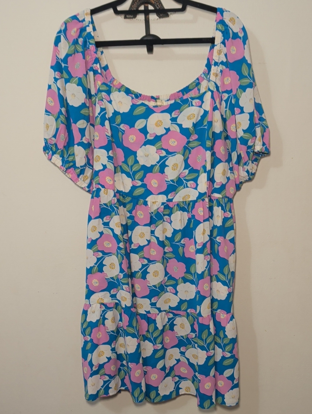Jodifl Floral Puff-Sleeve Tiered Mini Dress Blue Pink Babydoll Women's Size 3X